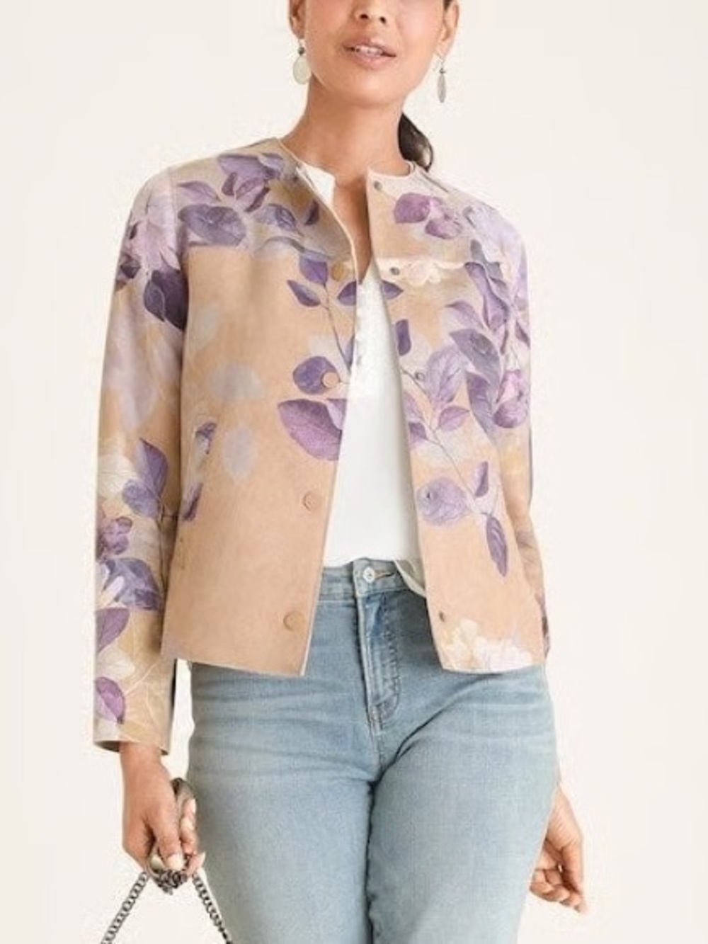 Chico’s Floral Faux Suede Jacket 00 Gold Purple Lightweight Blazer Cropped XS